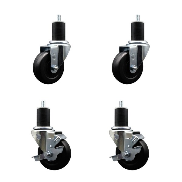 3.5'' Hard Rubber Wheel Swivel 1-3/4'' Expand Stem Caster Set 2 Brakes, 4PK